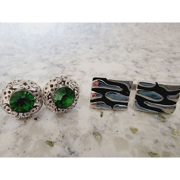 Cuff Links Lot Of 4 Bowling Pins Faux Emerald Etc Vintage Gold & Silver Tone - Picture 2 of 9